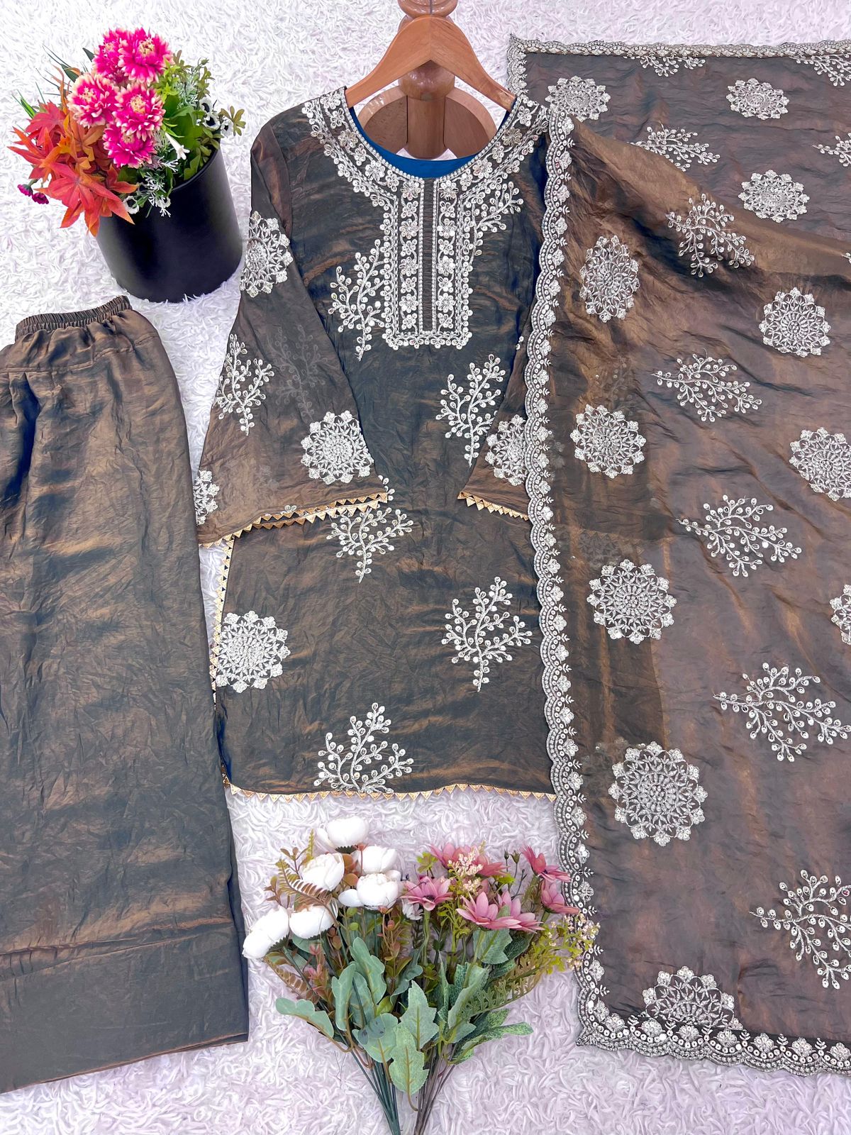 Premium 3-piece Ethnic Set: Heavy Fendy Silk Embroidered Grey Kurti Plazzo & Dupatta Set