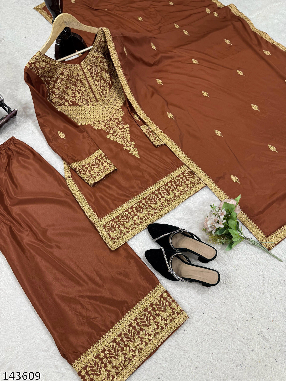 Elegant Natural Crepe Party Wear Suit Set – Chinestich Work with Dupatta