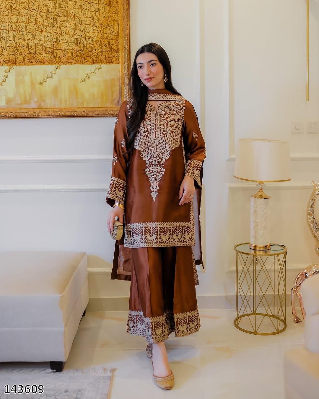 Elegant Natural Crepe Party Wear Suit Set – Chinestich Work with Dupatta
