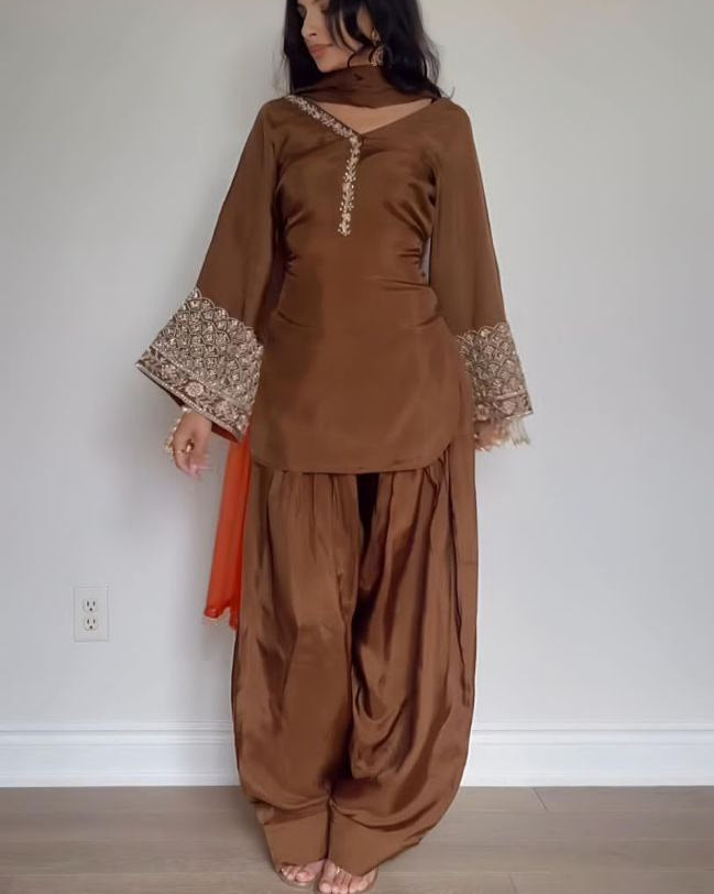 Elegant Natural Satin Silk Embroidered Suit Set with Farshi Pant & Dupatta