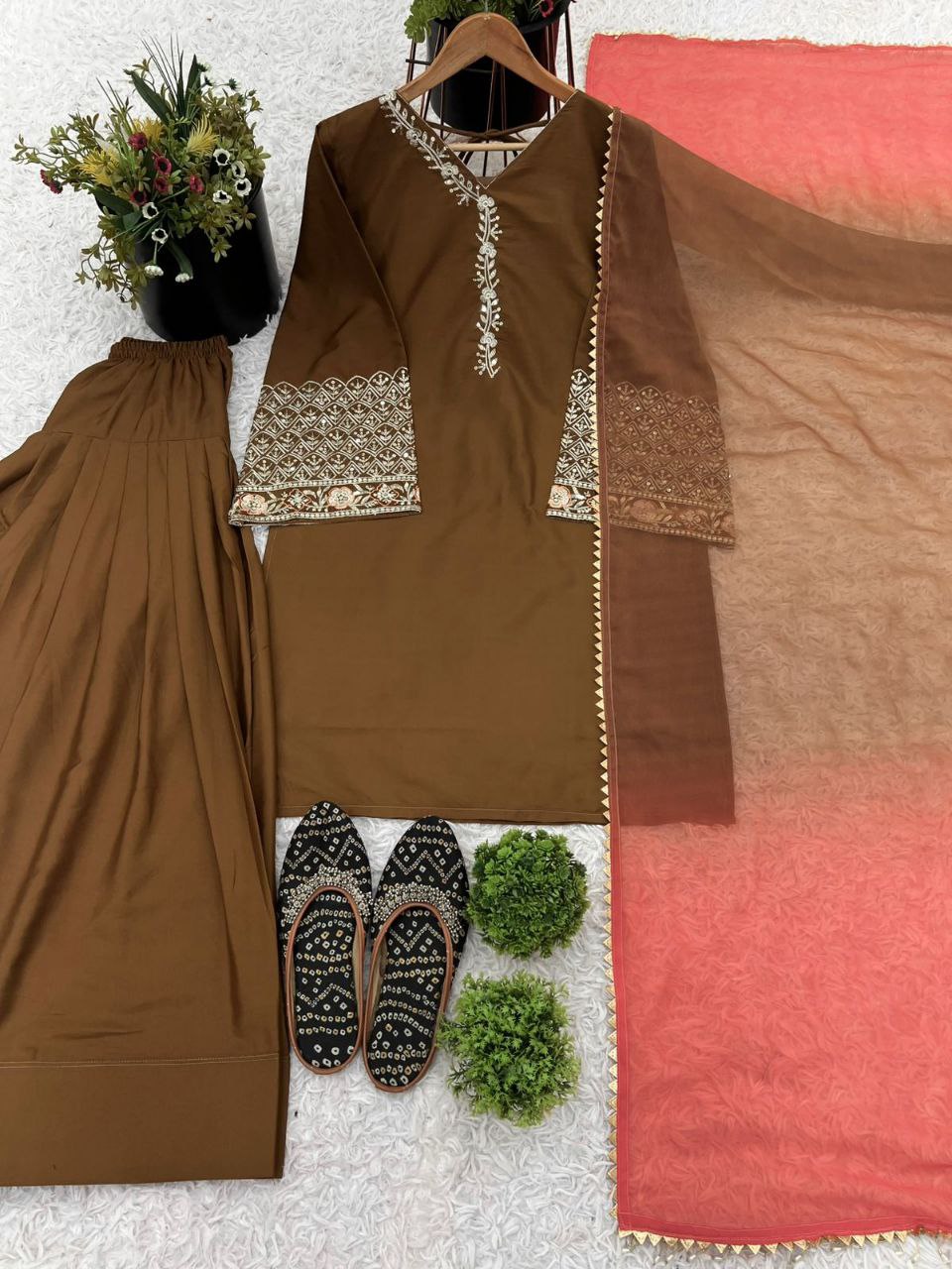 Elegant Natural Satin Silk Embroidered Suit Set with Farshi Pant & Dupatta