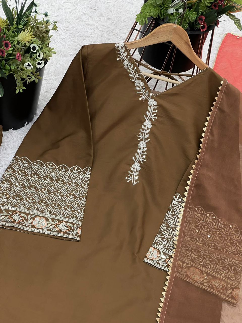 Elegant Natural Satin Silk Embroidered Suit Set with Farshi Pant & Dupatta