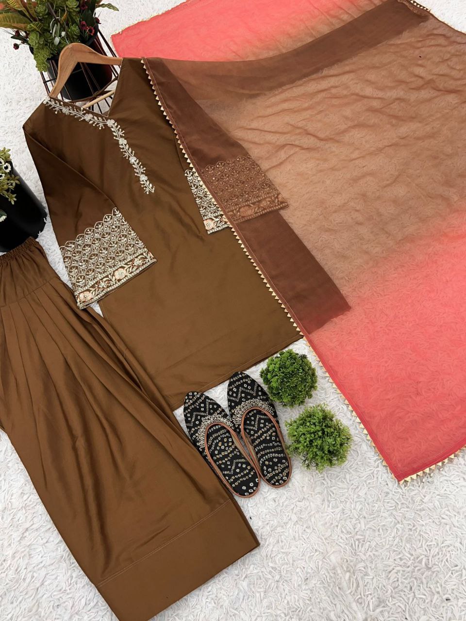 Elegant Natural Satin Silk Embroidered Suit Set with Farshi Pant & Dupatta