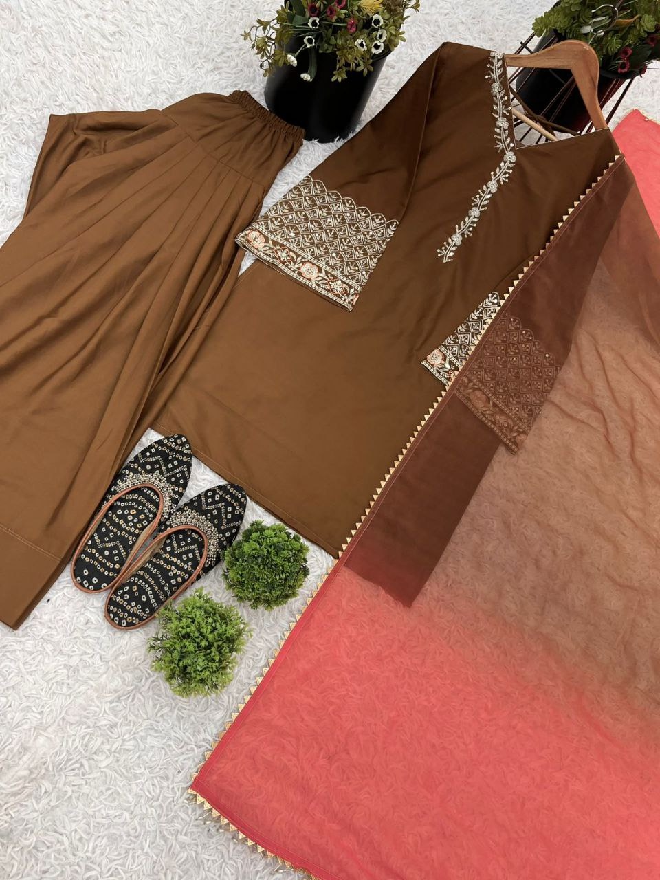 Elegant Natural Satin Silk Embroidered Suit Set with Farshi Pant & Dupatta