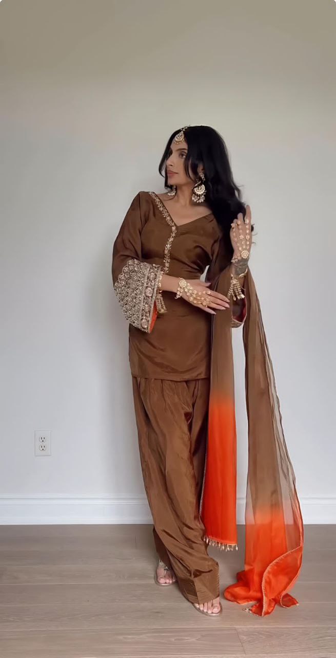 Elegant Natural Satin Silk Embroidered Suit Set with Farshi Pant & Dupatta
