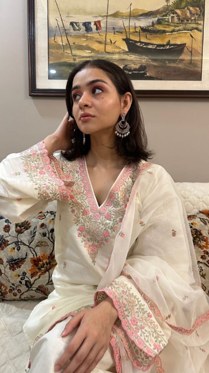 Elegant Pakistani White Bul Bul Suit Set with Embroidery & Sharara