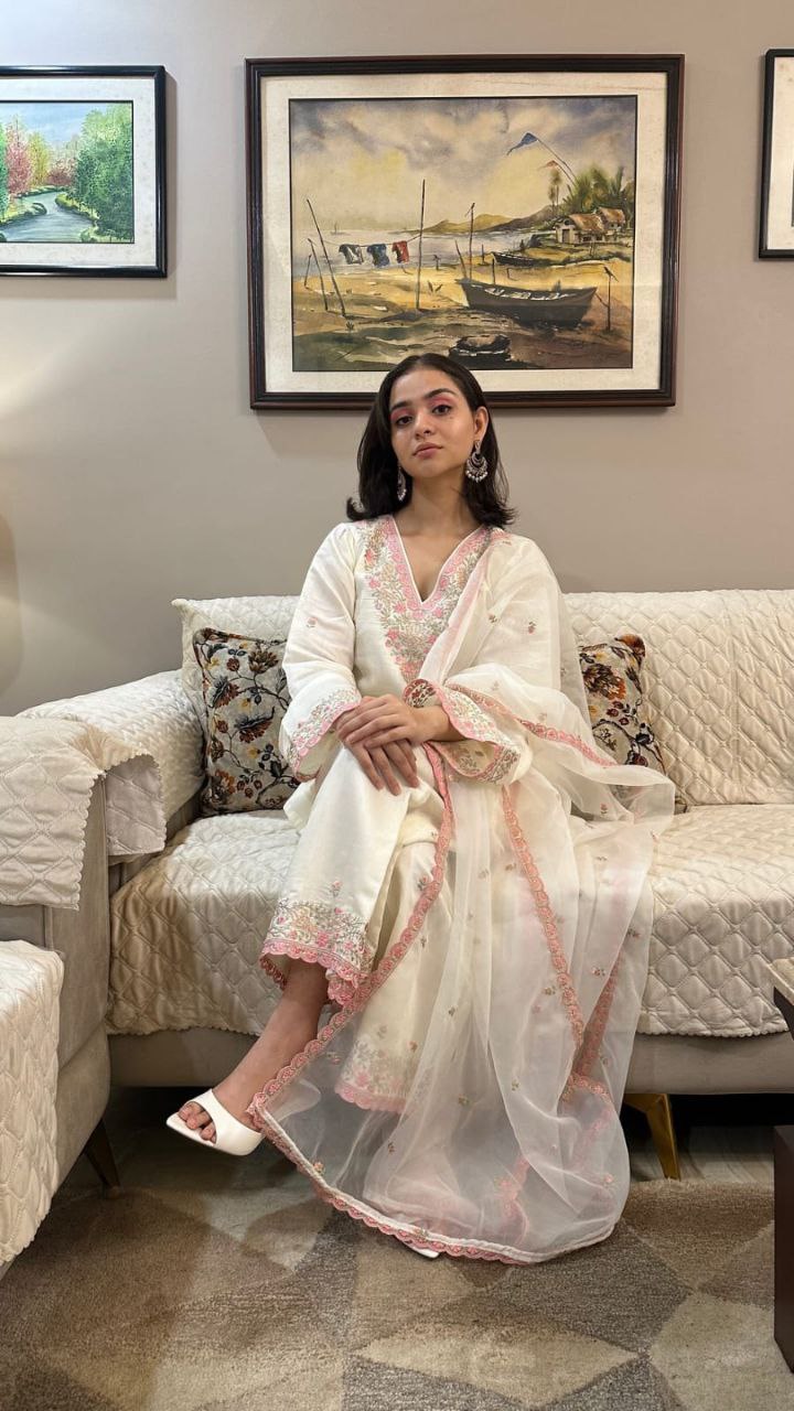 Elegant Pakistani White Bul Bul Suit Set with Embroidery & Sharara