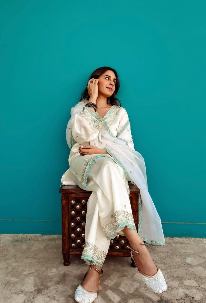 Elegant Pakistani White Bul Bul Suit Set with Embroidery & Sharara