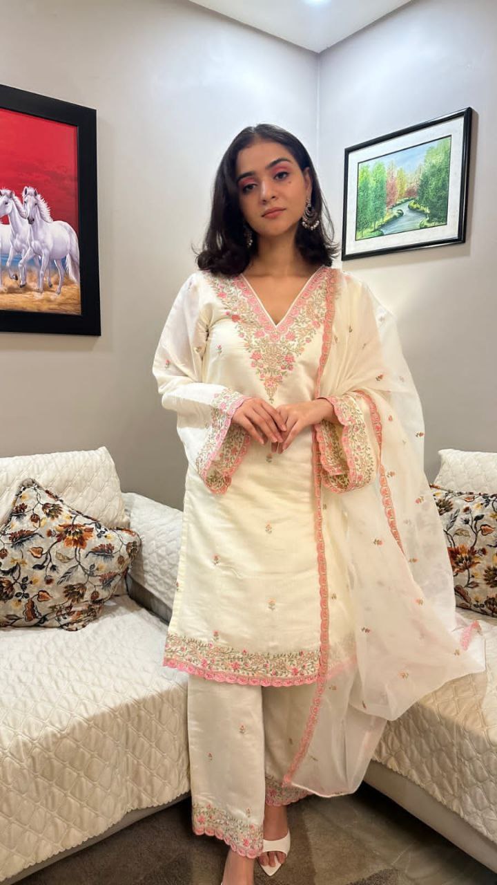 Elegant Pakistani White Bul Bul Suit Set with Embroidery & Sharara