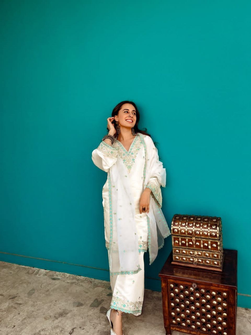 Elegant Pakistani White Bul Bul Suit Set with Embroidery & Sharara