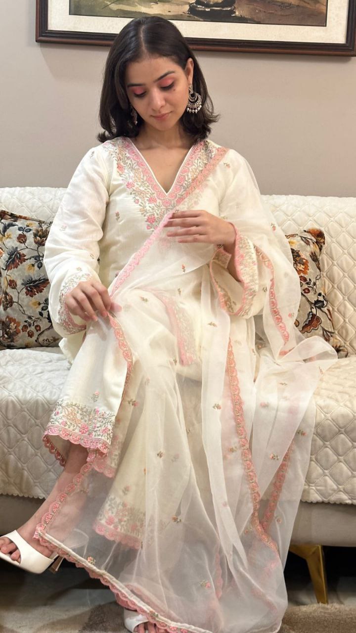 Elegant Pakistani White Bul Bul Suit Set with Embroidery & Sharara