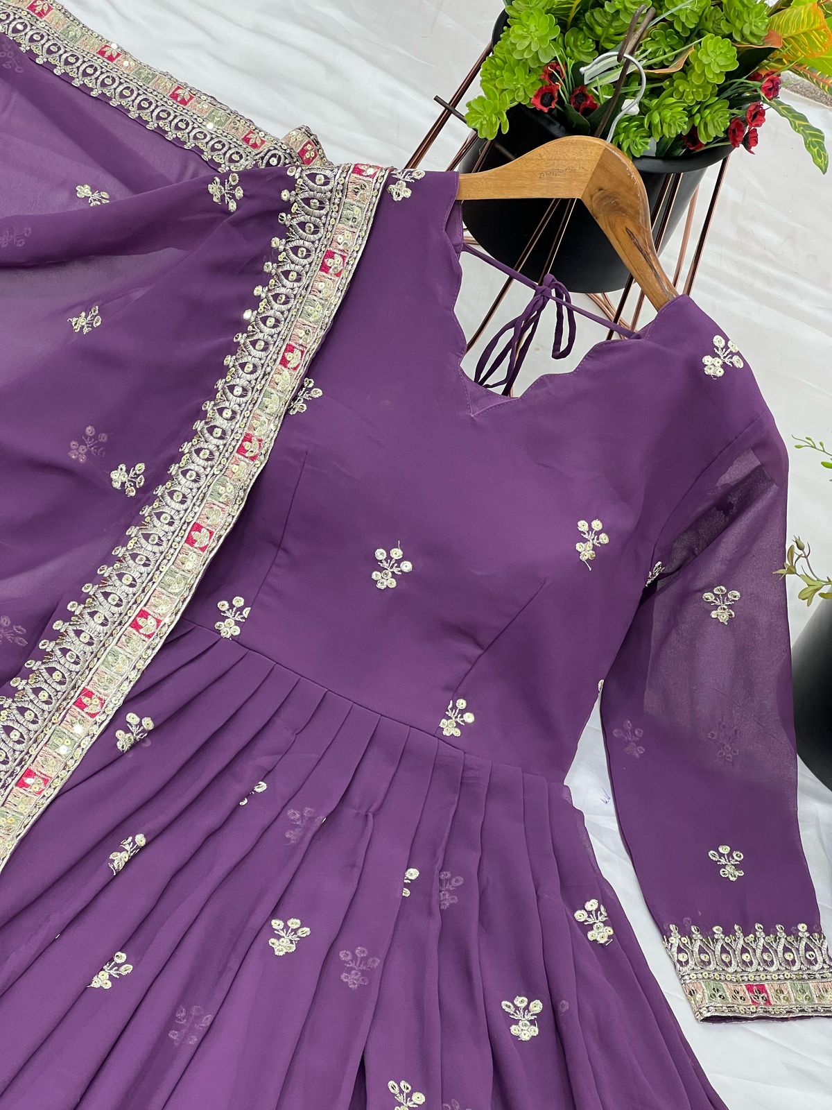 Elegant Party Wear Embroidered Gown with Dupatta β Fully Stitched & Ready to Wear