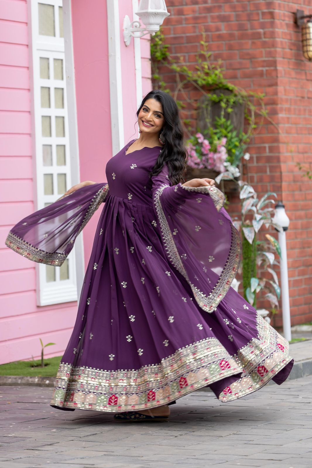 Elegant Party Wear Embroidered Gown with Dupatta β Fully Stitched & Ready to Wear