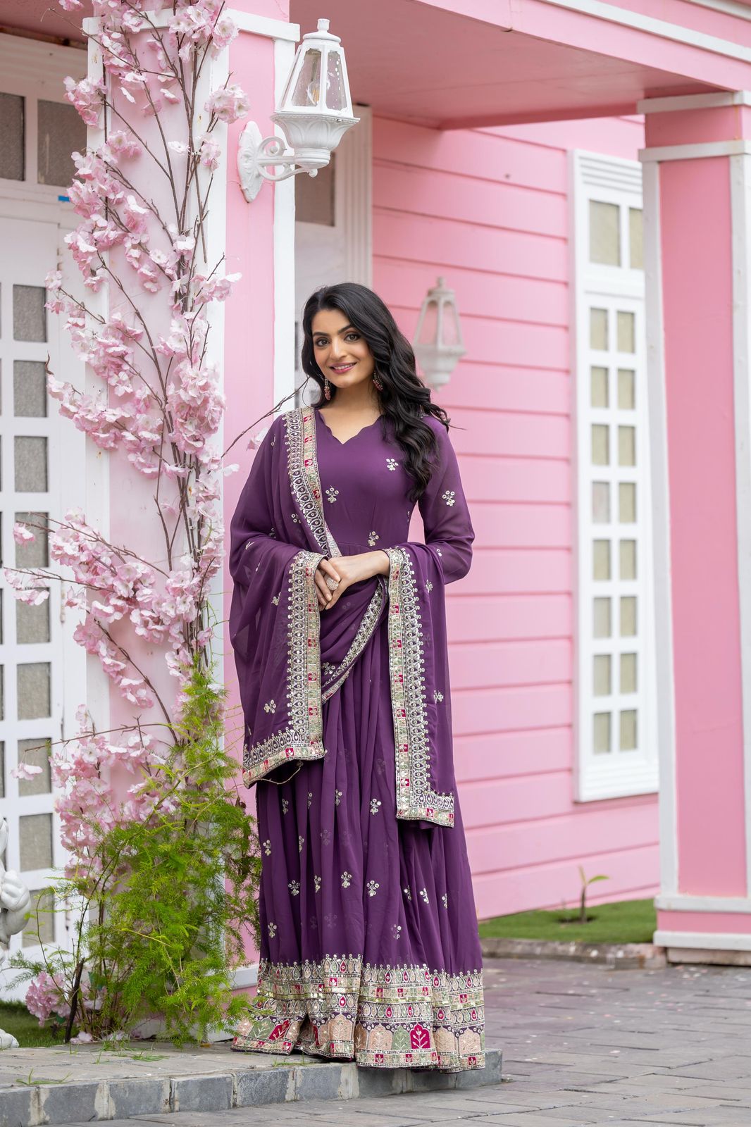 Elegant Party Wear Embroidered Gown with Dupatta β Fully Stitched & Ready to Wear