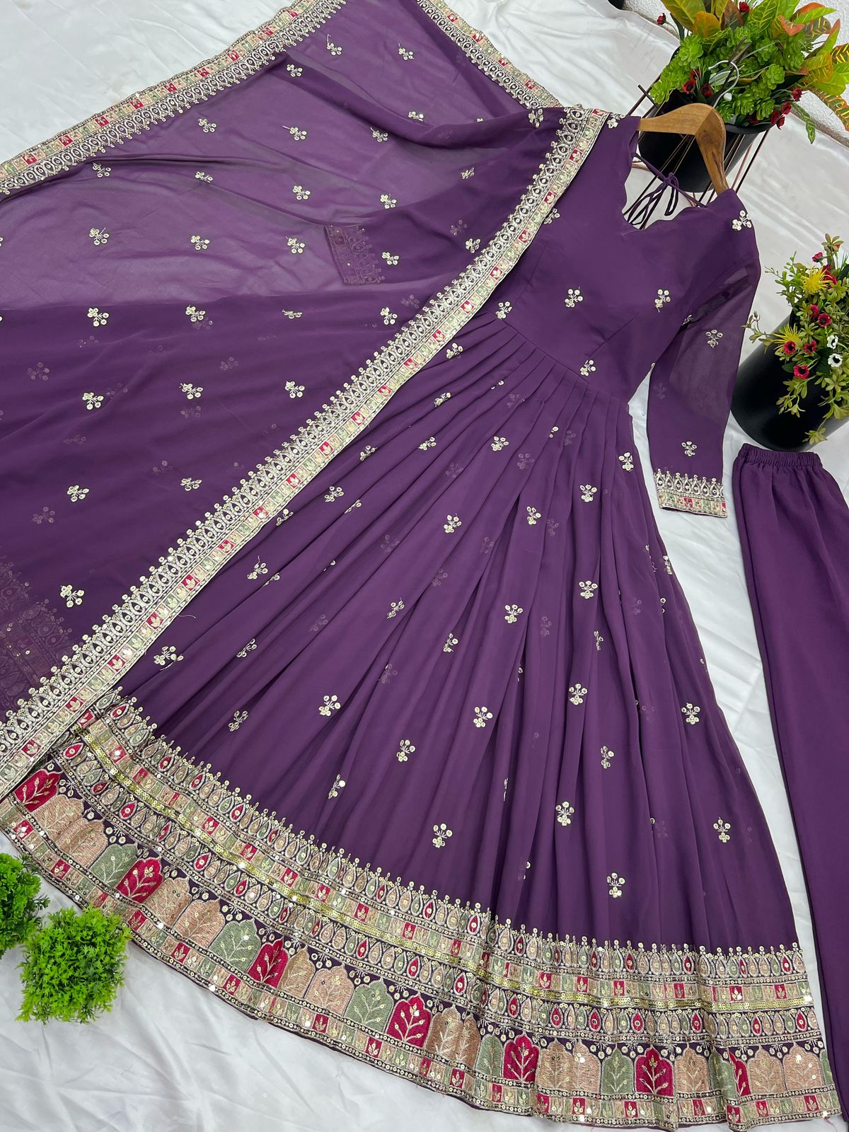 Elegant Party Wear Embroidered Gown with Dupatta β Fully Stitched & Ready to Wear