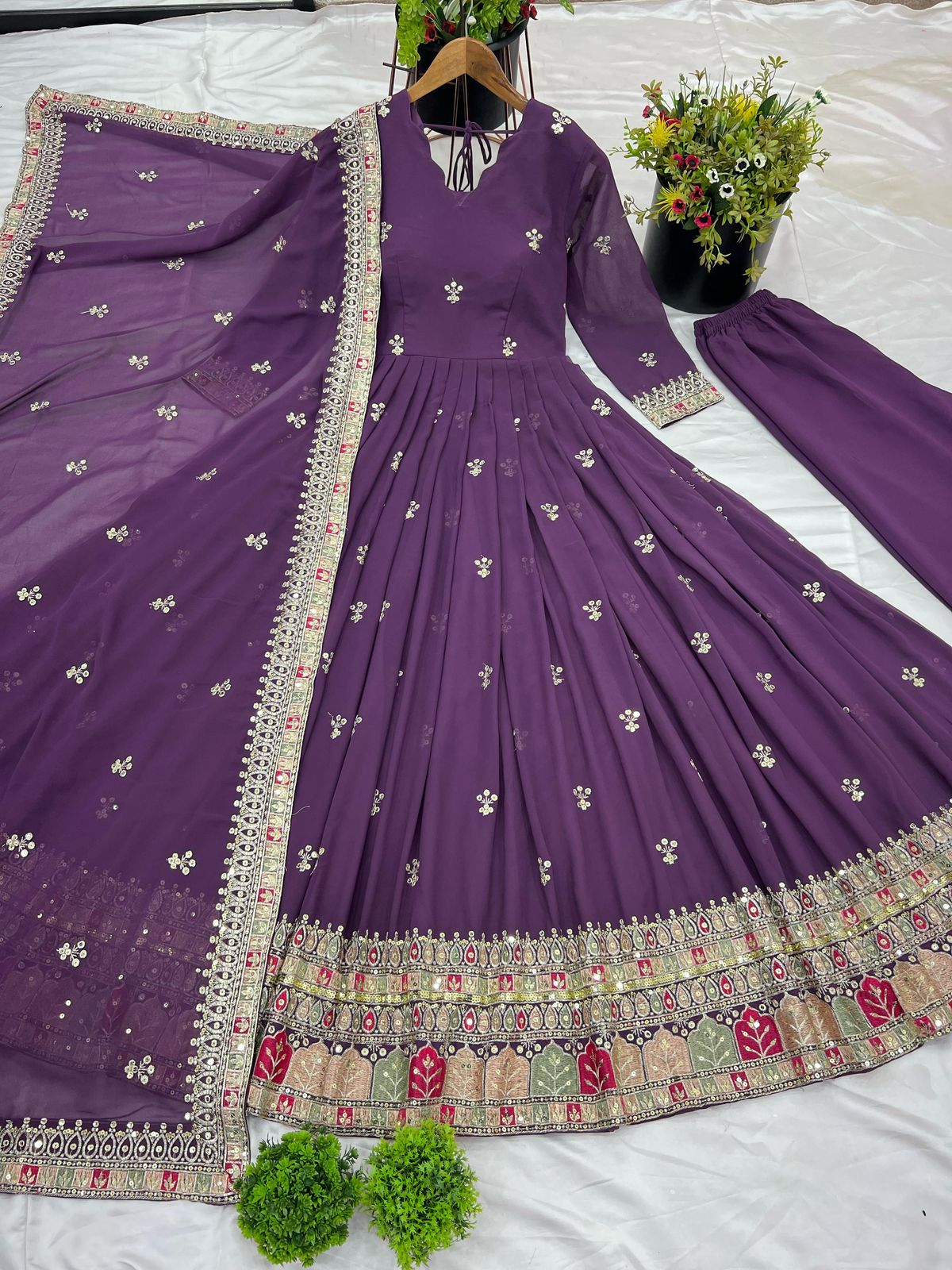 Elegant Party Wear Embroidered Gown with Dupatta β Fully Stitched & Ready to Wear