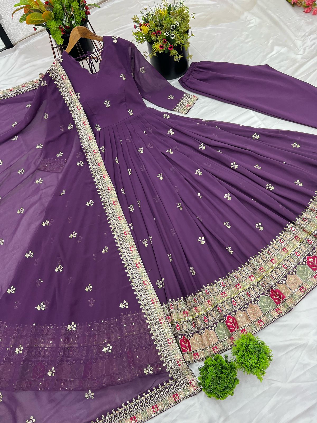 Elegant Party Wear Embroidered Gown with Dupatta β Fully Stitched & Ready to Wear