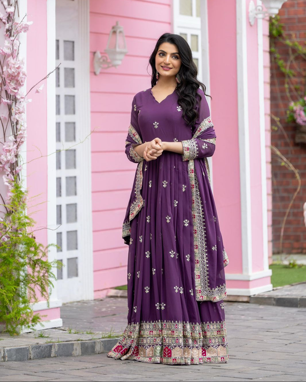 Elegant Party Wear Embroidered Gown with Dupatta β Fully Stitched & Ready to Wear