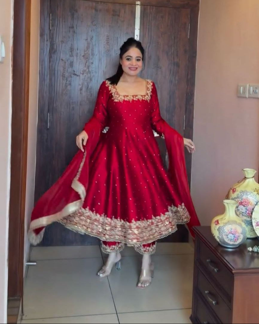 Elegant Party Wear Vichitra Silk Anarkali Gown Set – Embroidery & Sequence Work
