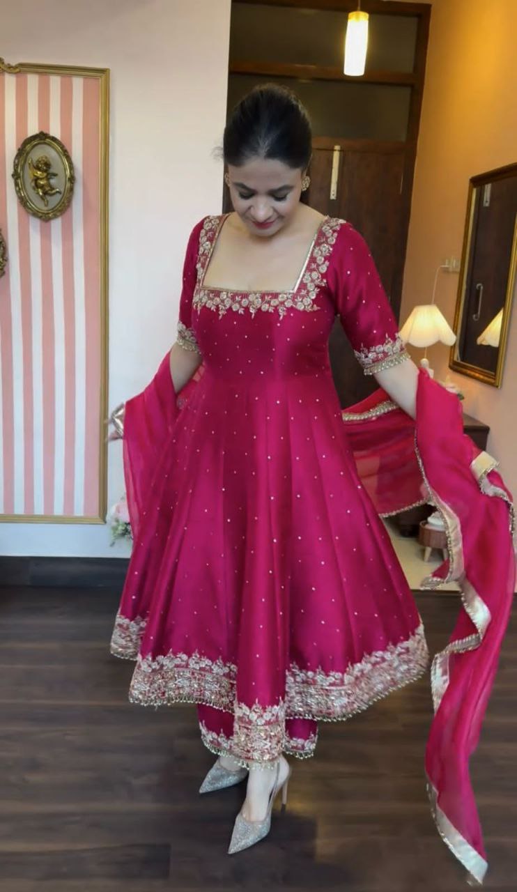 Elegant Party Wear Vichitra Silk Anarkali Gown Set – Embroidery & Sequence Work