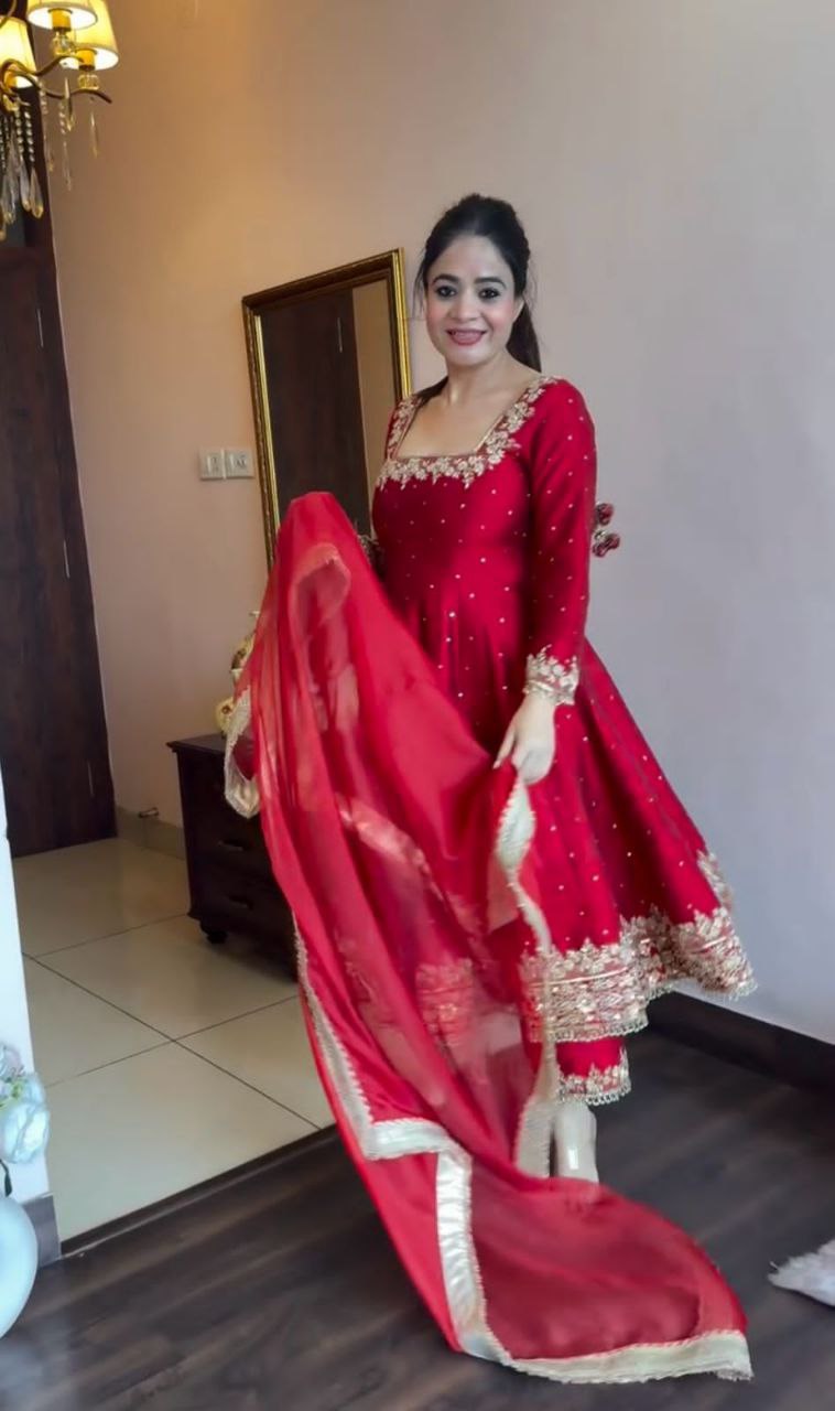 Elegant Party Wear Vichitra Silk Anarkali Gown Set – Embroidery & Sequence Work