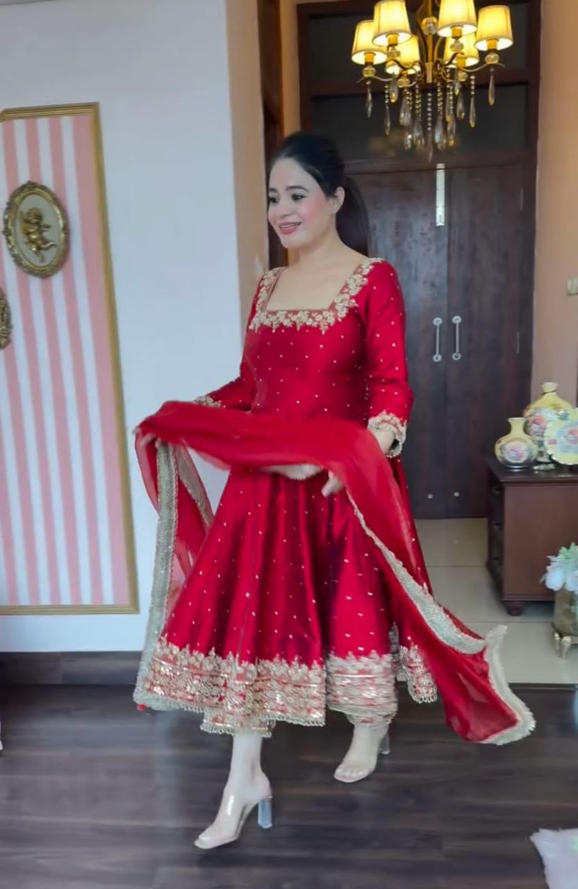 Elegant Party Wear Vichitra Silk Anarkali Gown Set – Embroidery & Sequence Work