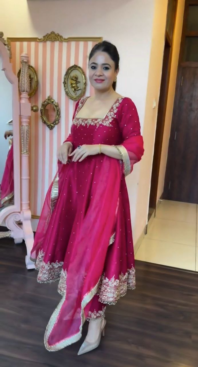 Elegant Party Wear Vichitra Silk Anarkali Gown Set – Embroidery & Sequence Work
