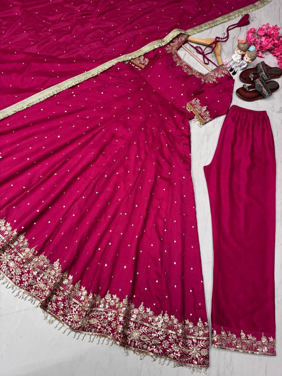 Elegant Party Wear Vichitra Silk Anarkali Gown Set – Embroidery & Sequence Work