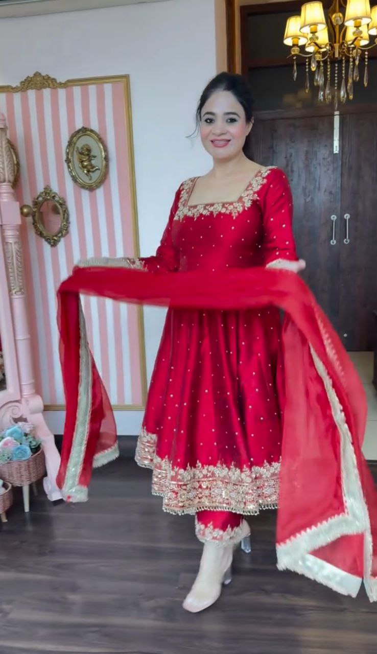 Elegant Party Wear Vichitra Silk Anarkali Gown Set – Embroidery & Sequence Work