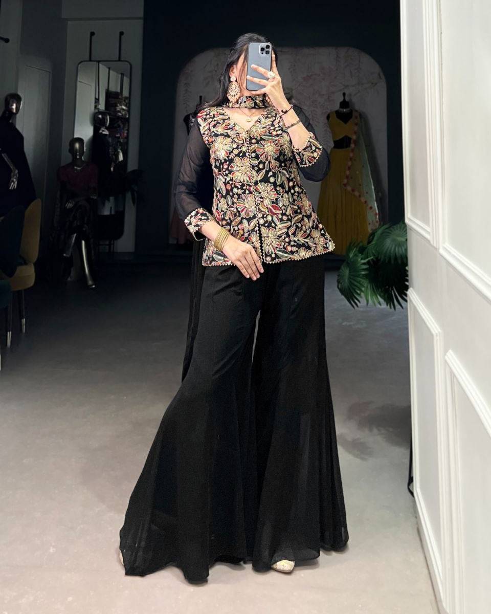 Ethnic Black Eid Collection – Sequins and Thread Embroidered Top, Bottom, and Dupatta Set