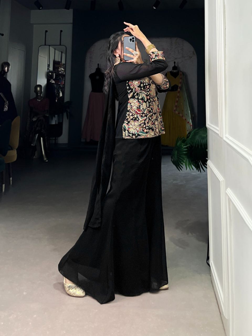 Ethnic Black Eid Collection – Sequins and Thread Embroidered Top, Bottom, and Dupatta Set