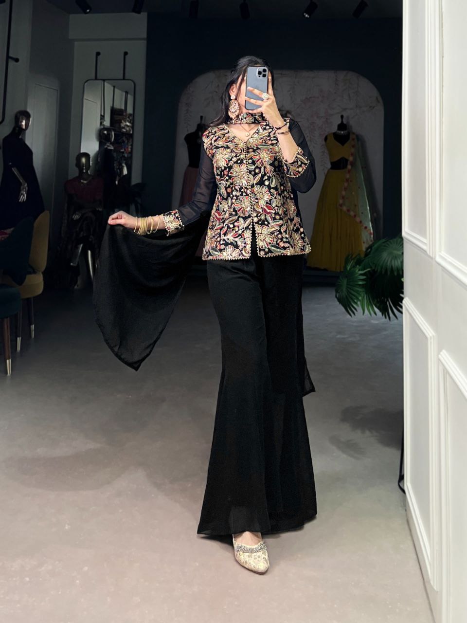 Ethnic Black Eid Collection – Sequins and Thread Embroidered Top, Bottom, and Dupatta Set