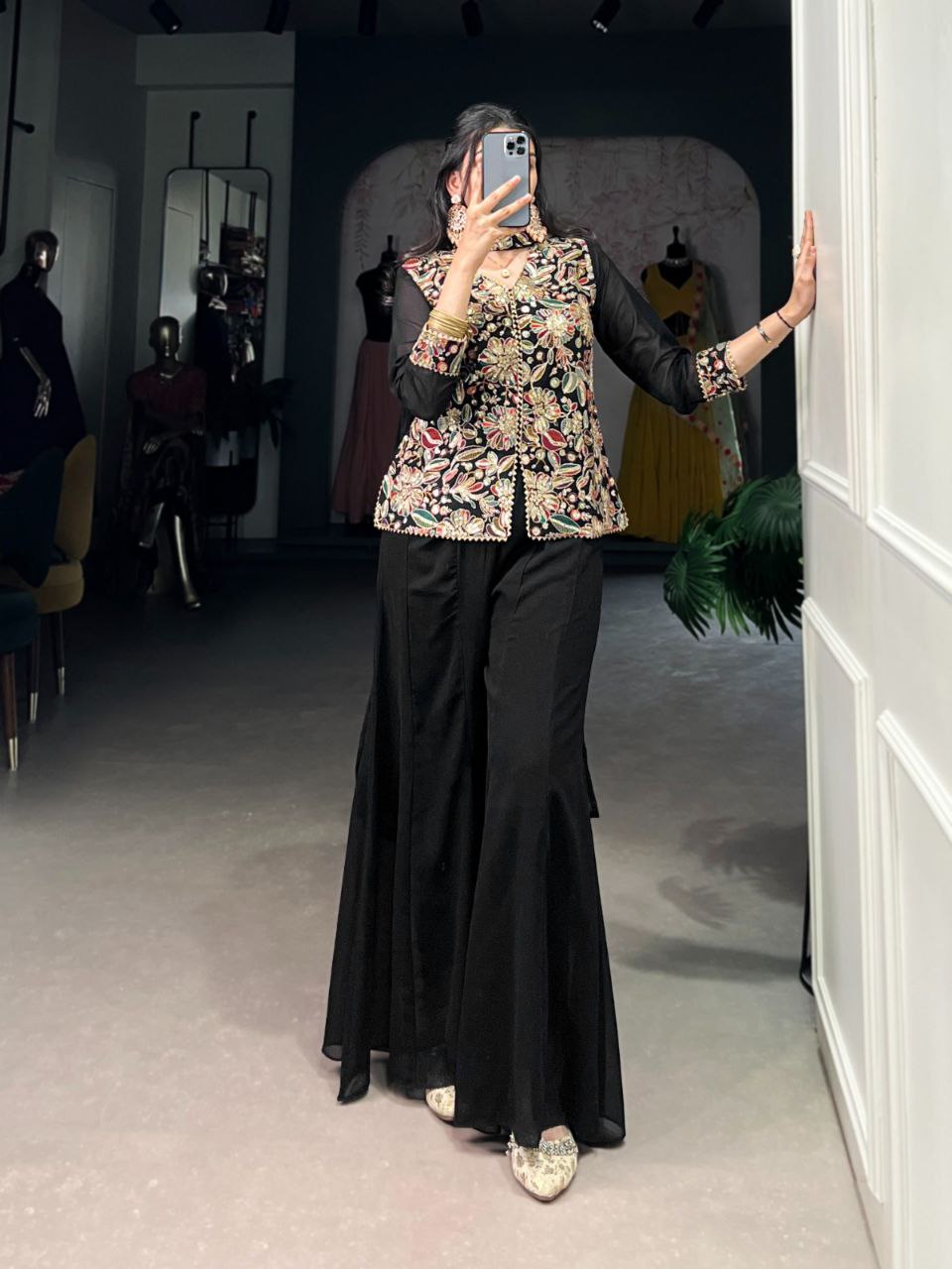 Ethnic Black Eid Collection – Sequins and Thread Embroidered Top, Bottom, and Dupatta Set