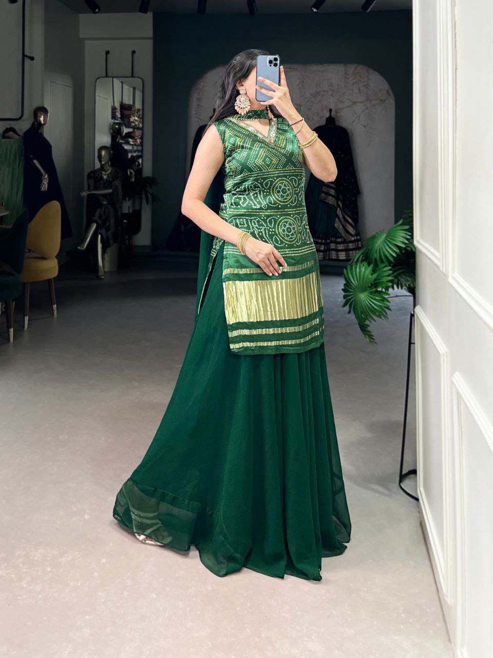 Ethnic Gaji Silk Kurti Plazo Dupatta Set with Handwork & Georgette Dupatta – Ready to Wear