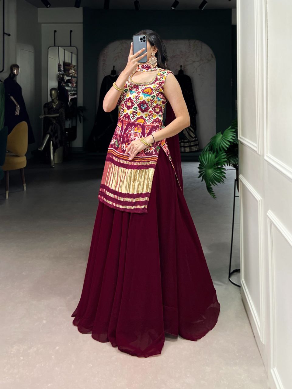 Ethnic Gaji Silk Kurti Plazo Dupatta Set with Handwork & Georgette Dupatta – Ready to Wear