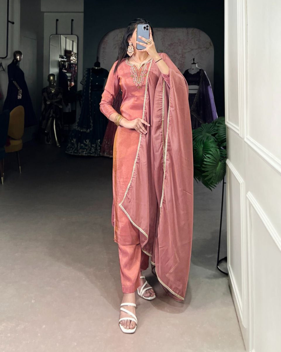 Ethnic Viscose Tissue Kurta Set with Organza Dupatta – Fully Stitched