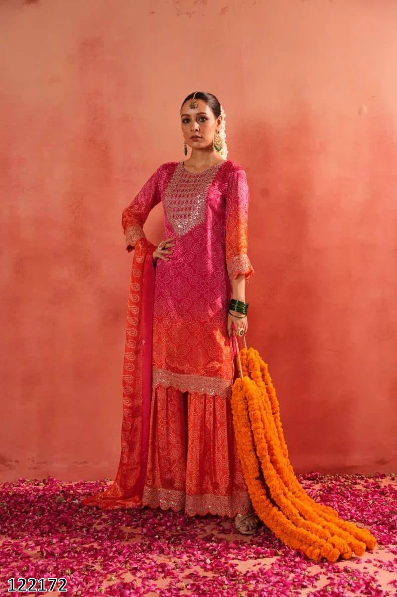 Karwa Chauth Special Sharara Dress: Exclusive Heavy embroidery Bandhej Print Sharara Set