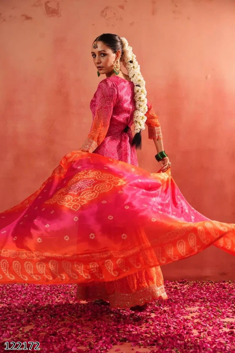 Karwa Chauth Special Sharara Dress: Exclusive Heavy embroidery Bandhej Print Sharara Set