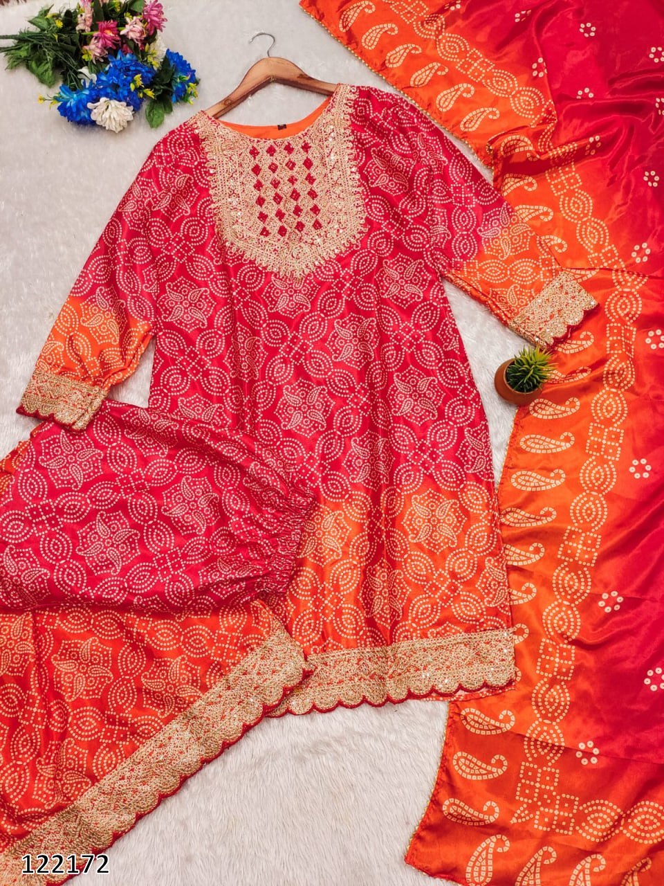 Karwa Chauth Special Sharara Dress: Exclusive Heavy embroidery Bandhej Print Sharara Set
