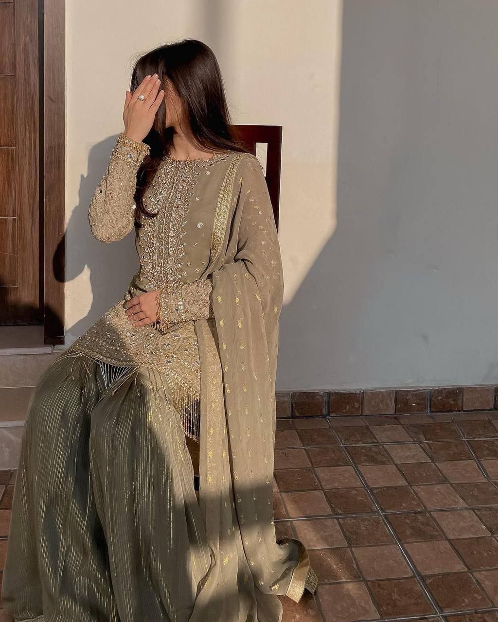 Exclusive Heavy Georgette Sequins Embroidered Suit with Gharara & Dupatta