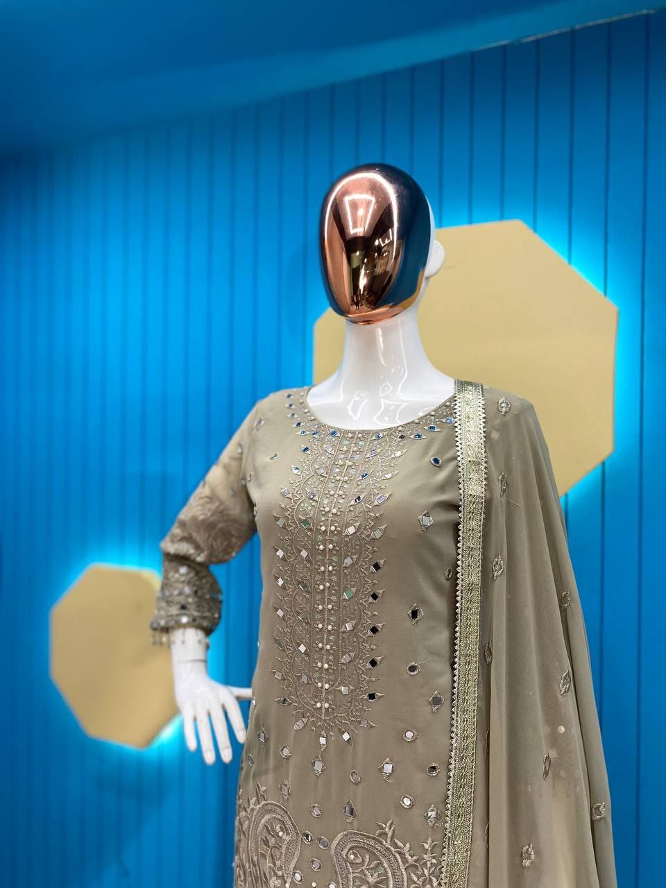 Exclusive Heavy Georgette Sequins Embroidered Suit with Gharara & Dupatta