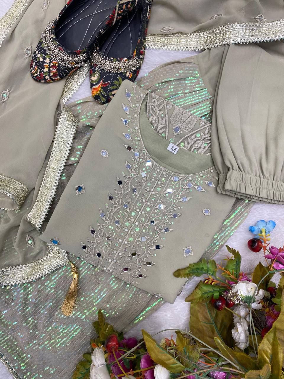 Exclusive Heavy Georgette Sequins Embroidered Suit with Gharara & Dupatta