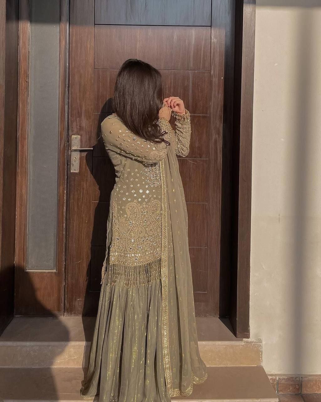 Exclusive Heavy Georgette Sequins Embroidered Suit with Gharara & Dupatta