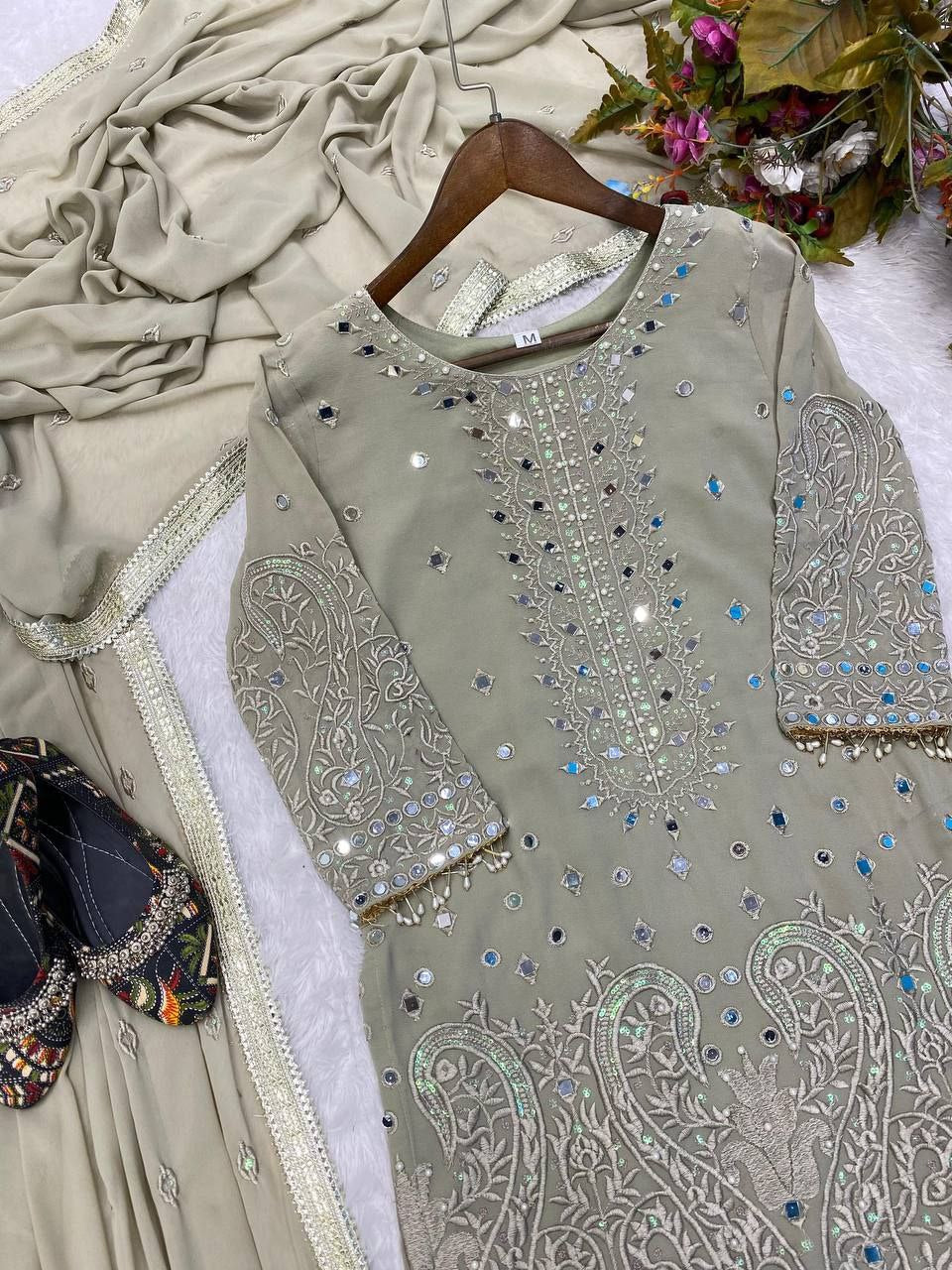 Exclusive Heavy Georgette Sequins Embroidered Suit with Gharara & Dupatta