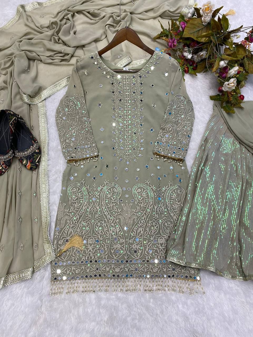 Exclusive Heavy Georgette Sequins Embroidered Suit with Gharara & Dupatta