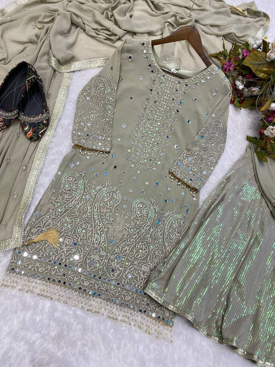 Exclusive Heavy Georgette Sequins Embroidered Suit with Gharara & Dupatta
