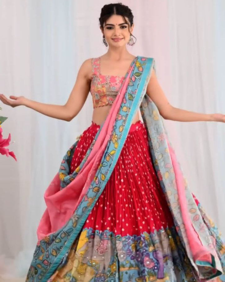 Exquisite Kalamkari Cotton Lehenga Choli with Net Frill Dupatta – A Blend of Tradition & Elegance