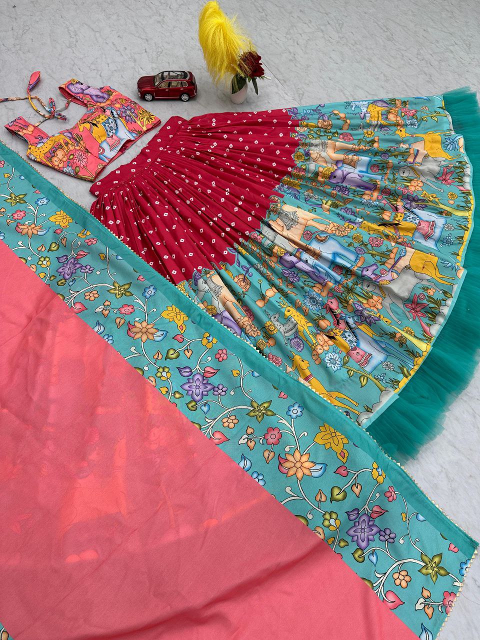 Exquisite Kalamkari Cotton Lehenga Choli with Net Frill Dupatta – A Blend of Tradition & Elegance