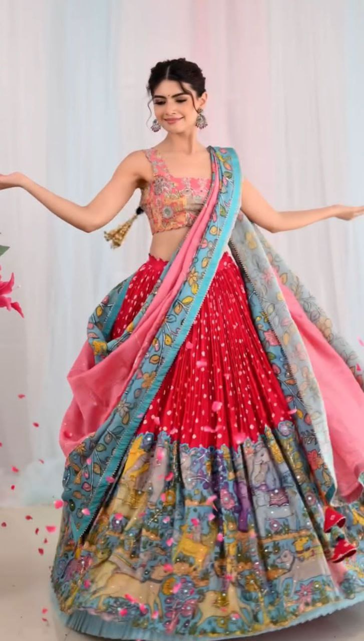 Exquisite Kalamkari Cotton Lehenga Choli with Net Frill Dupatta – A Blend of Tradition & Elegance