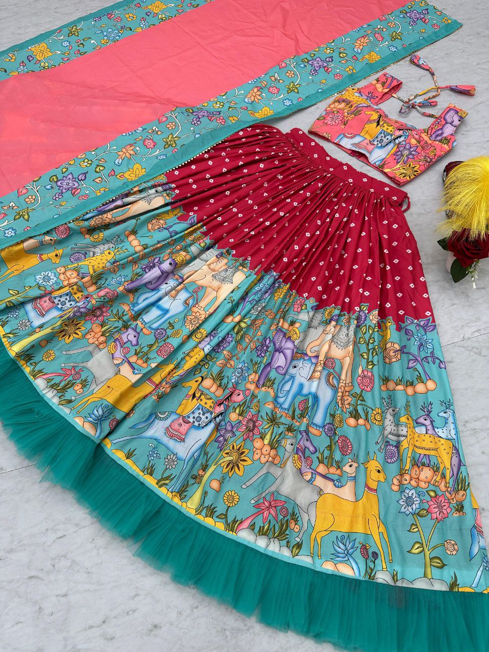 Exquisite Kalamkari Cotton Lehenga Choli with Net Frill Dupatta – A Blend of Tradition & Elegance